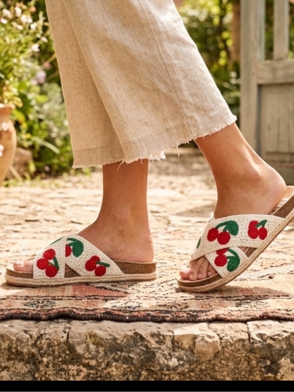 Cream Crochet Cherry Slide Sandals